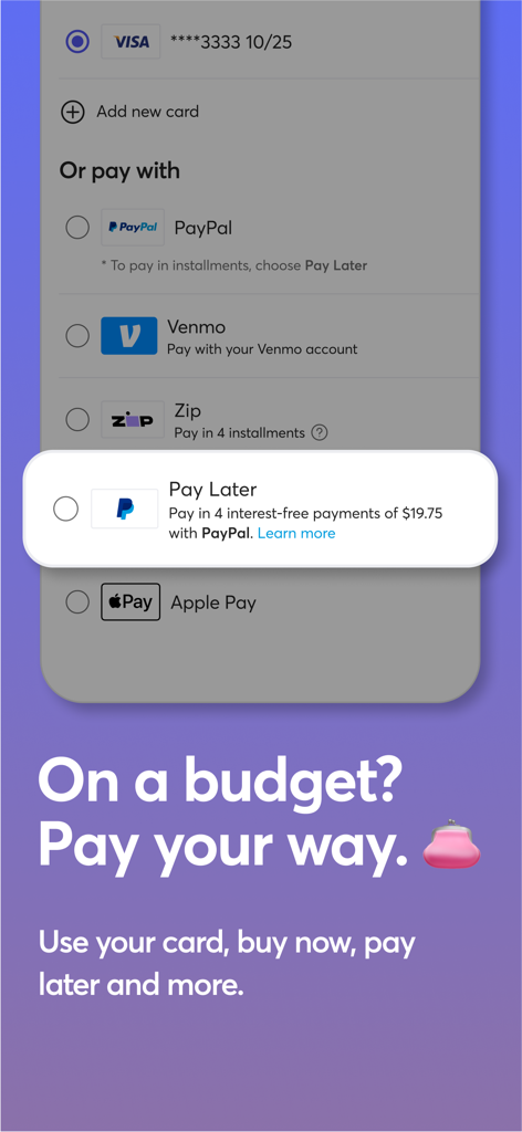 Mercari: Buying & Selling App - Mercari app checkout screen showing various payment methods like PayPal Venmo Zip and Apple Pay for flexible shopping