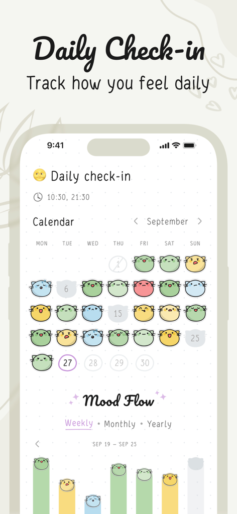 Hizo: Habit Tracker & Todo - Daily mood check-in calendar with cute cat icons in the Hizo habit tracker app.