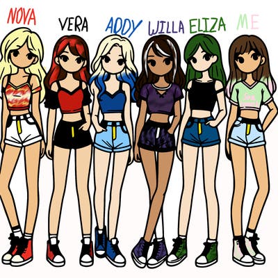a group of girls wearing crop tops and shorts
