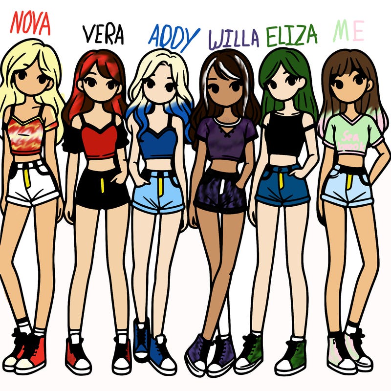 a group of girls wearing crop tops and shorts