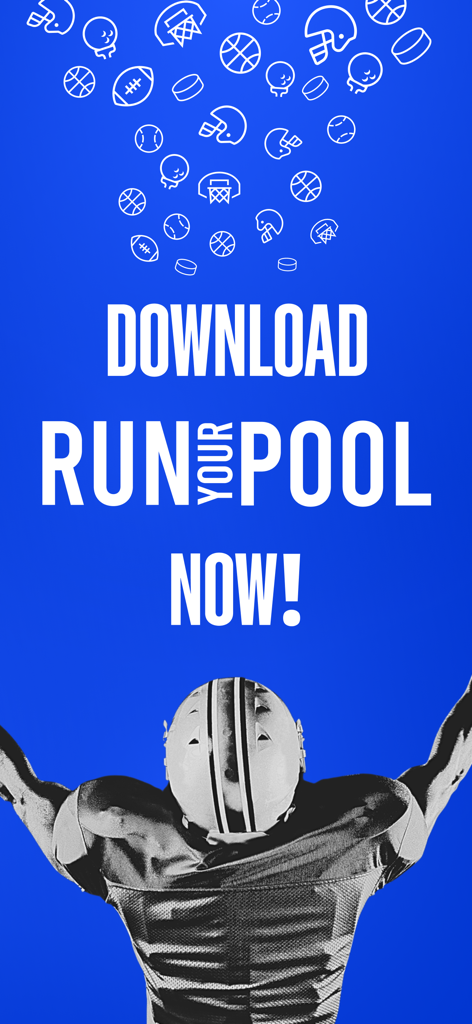 RunYourPool - Pantalla promocional de la aplicación RunYourPool con un jugador de fútbol e íconos deportivos sobre un fondo azul