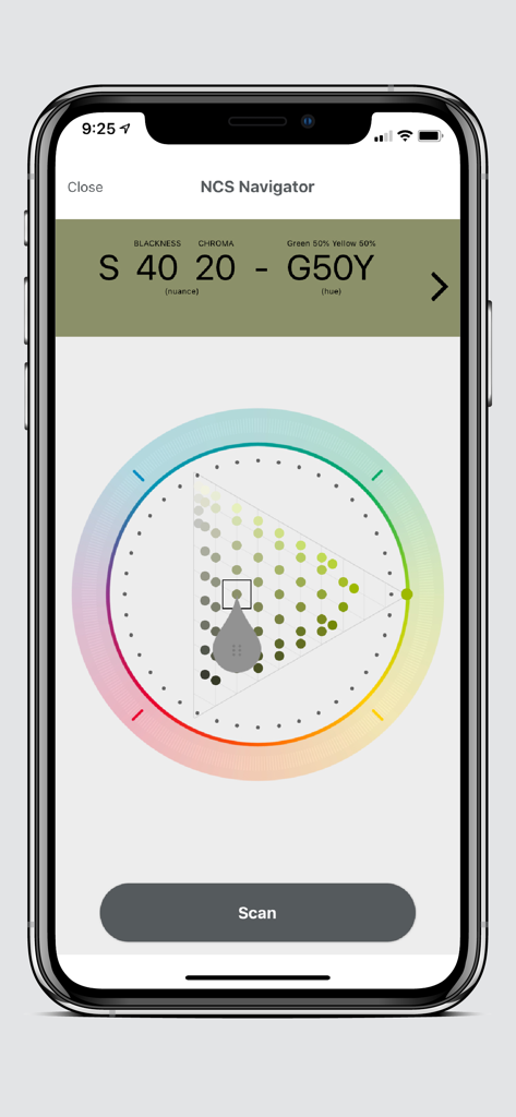 Colourpin - Interface of the Colourpin app showing the NCS Navigator tool with a color wheel and specific color values