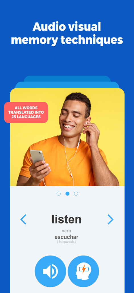 Interfaz de la aplicación English Words Trainer que muestra técnicas de memoria audiovisual para el aprendizaje de vocabulario con traducciones de palabras