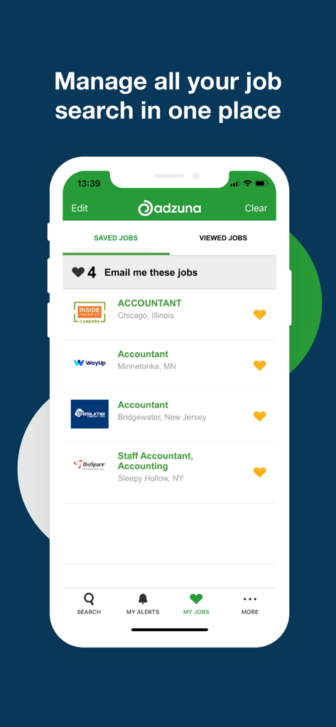 Adzuna Job Search - Adzuna Job Search app interface displaying a list of saved job listings in the My Jobs section