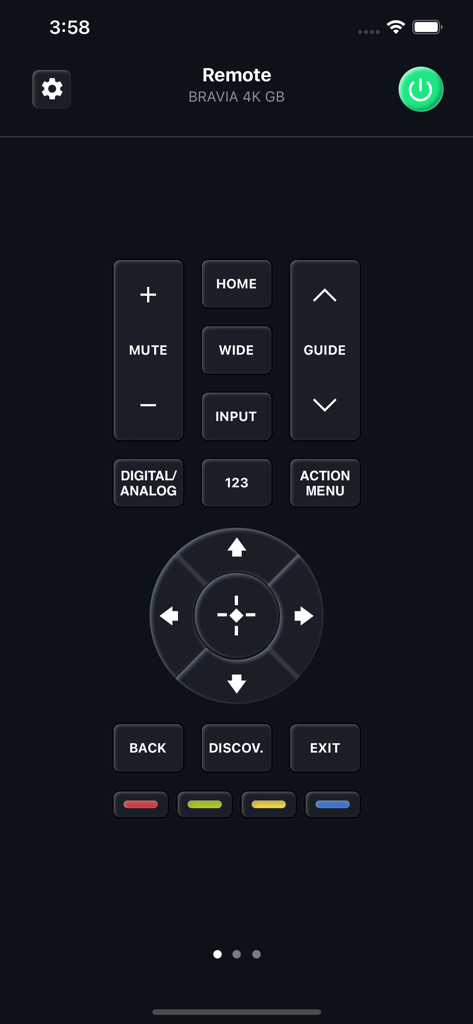 Mobile app interface showing a digital remote control for a Sony Bravia Smart TV