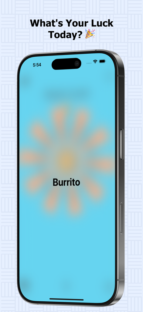 Roulette app displaying a random burrito food choice result