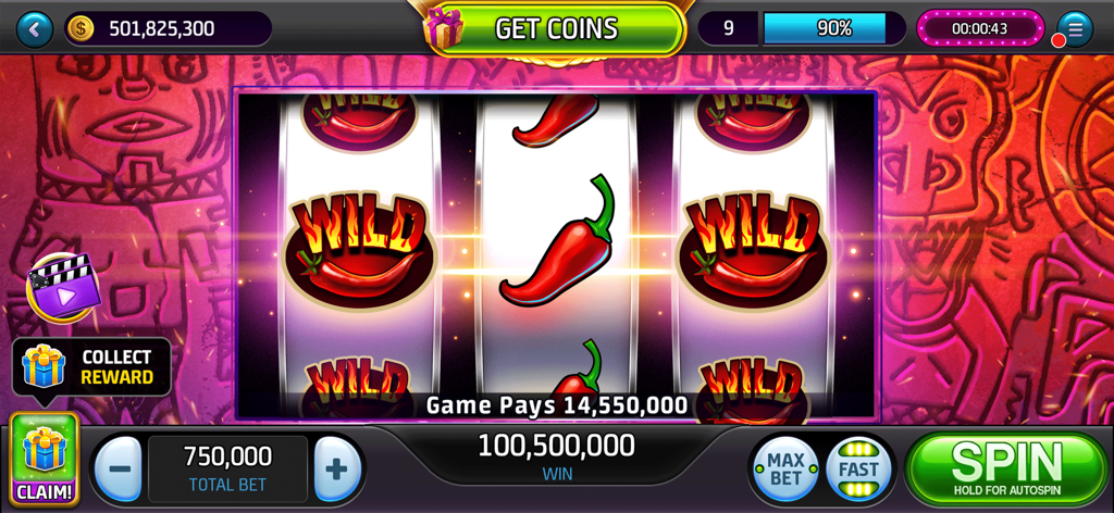 Hot 7's Casino Classic Slots - Schermata di gioco di Hot 7's Casino Classic Slots con simboli jolly peperoncino rosso e una notifica di grande vincita