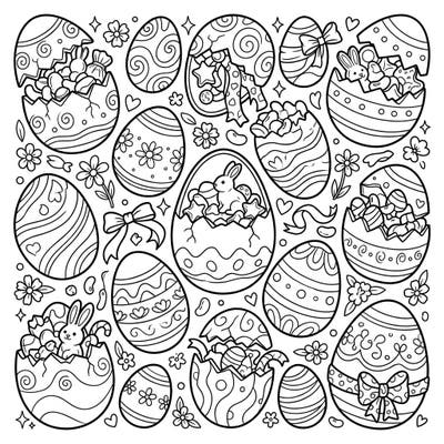 Get ready for a sweet treat with this charming coloring page featuring numerous chocolate Easter eggs. Discover cracked eggs brimming with candies, tiny bunnies, and festive springtime patterns, perfect for a joyful coloring session.