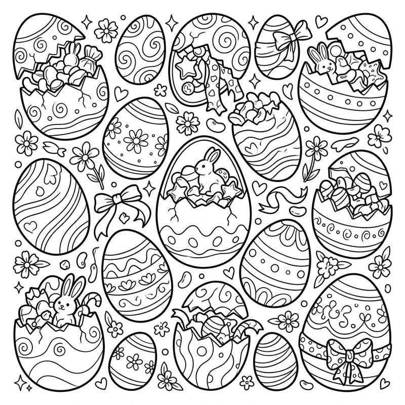 Get ready for a sweet treat with this charming coloring page featuring numerous chocolate Easter eggs. Discover cracked eggs brimming with candies, tiny bunnies, and festive springtime patterns, perfect for a joyful coloring session.