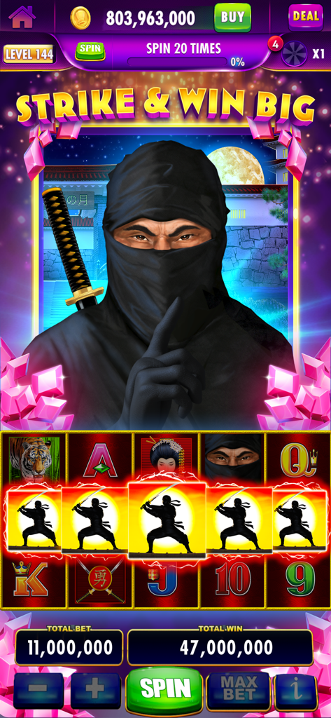Cashman Casino mobile game interface showing a ninja themed slot machine with a virtual win