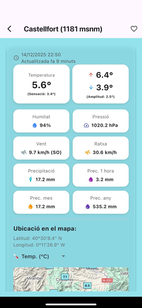 AVAMET - Detalhes dos dados da estação meteorológica de Castellfort na interface do aplicativo AVAMET