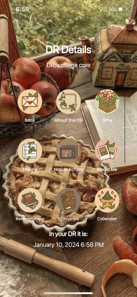 Interfaz de Lifa App mostrando guiones y detalles de cambio de realidad con un tema estético cottagecore