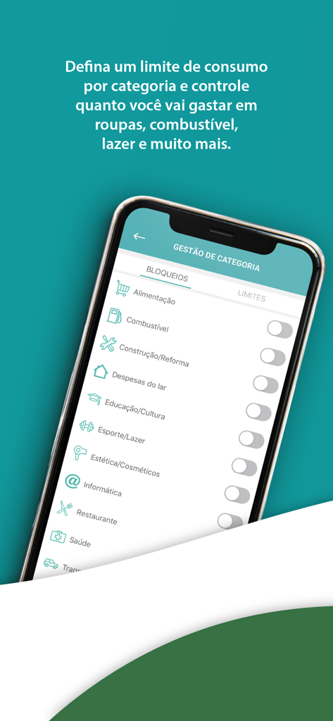 Cooperativo Cartões - Interface do aplicativo Cooperativo Cartões mostrando blocos e limites de gastos por categoria