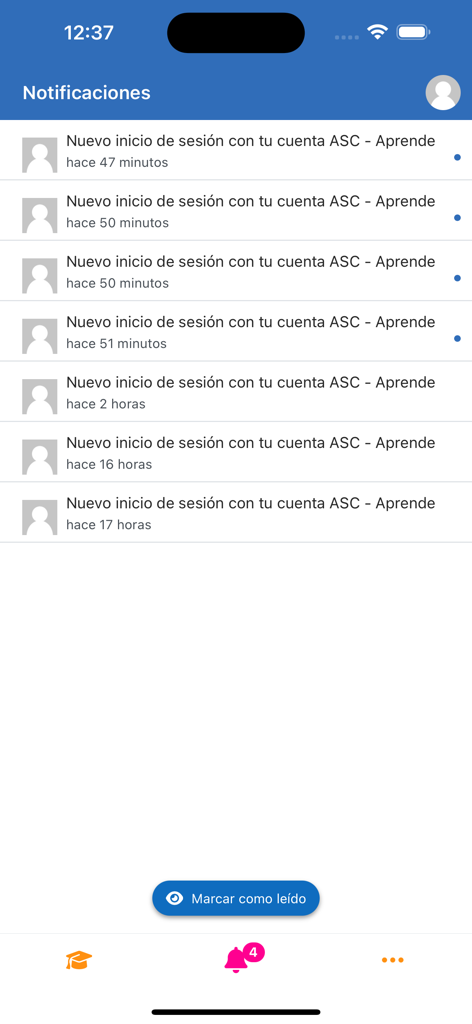 ASC Aprende - Notifications screen of the ASC Aprende app displaying recent login activity alerts