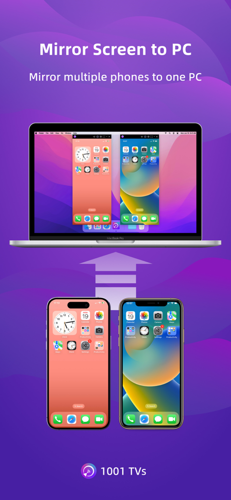 Two mobile phones mirroring their screens simultaneously to one laptop computer