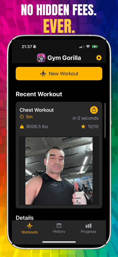 Gym Gorilla: Workout Tracker - Interfaz de la aplicación Gym Gorilla que muestra un resumen de un entrenamiento de pecho reciente con el volumen total y una foto del gimnasio