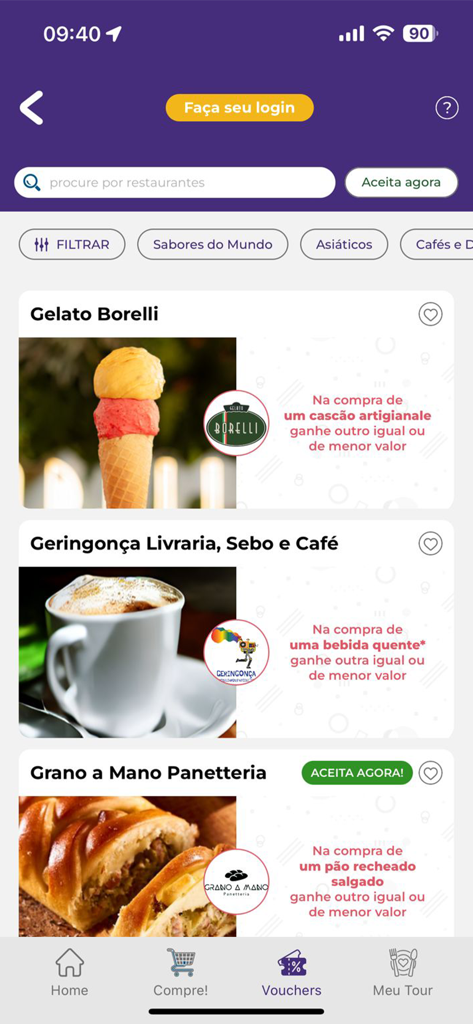 Tour Ribeirão Preto - Captura de tela do aplicativo Tour Ribeirão Preto exibindo vouchers de jantar compre um, ganhe outro para estabelecimentos locais