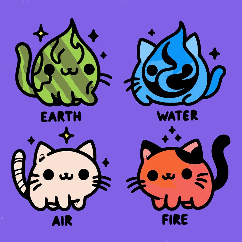 4 cats that represent the different elements, earth, water, air, and fire