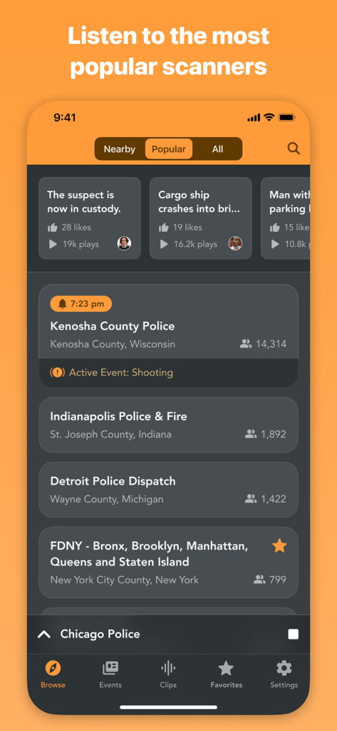 Interface of the Police Scanner Radio app showing a list of popular police and fire dispatch feeds with listener counts and active alerts.