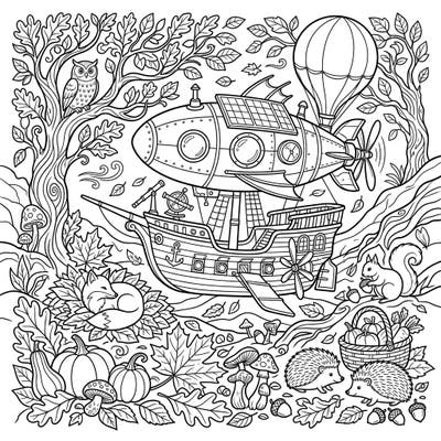 Set sail (or rather, fly!) into a world of discovery with this captivating exploration vessel coloring page. Immerse yourself in a beautifully detailed autumn scene, complete with a fantastic airship and charming woodland creatures.
