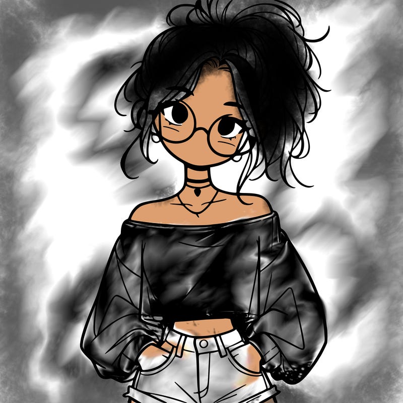 girl with a messy ponytail glasses a baggy crop top and jean shorts