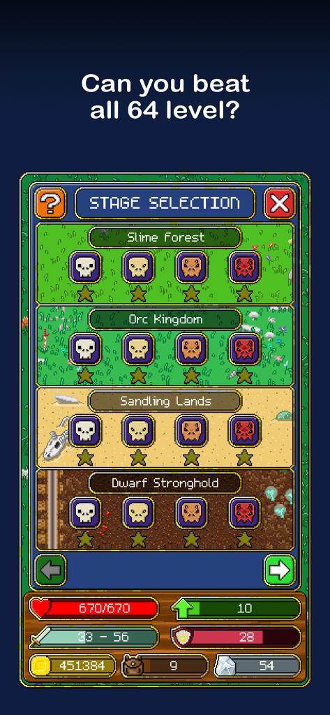 Tap Knight - Idle Adventure - Pantalla de selección de escenario de Tap Knight mostrando niveles de arte pixelado y progresión del mundo.