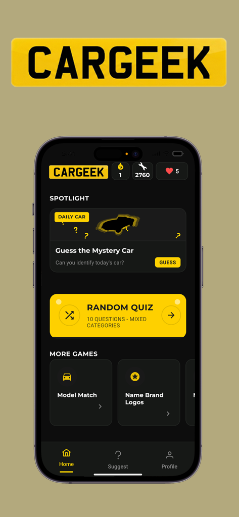 Car Geek - The home screen of the Car Geek mobile app featuring automotive trivia and a daily mystery car challenge
