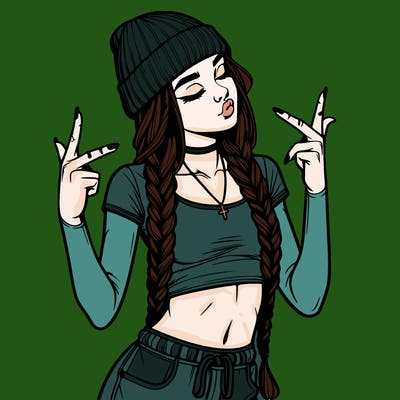 realistic teenage girl with braids and a beanie and crop top doing 🫶🏼