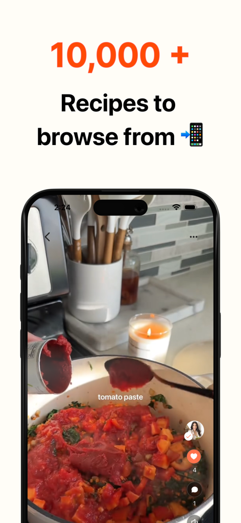 Sizzle - Discover, Shop, Cook! - Smartphone screen showing a cooking video with a text overlay that says 10,000 plus recipes to browse from.