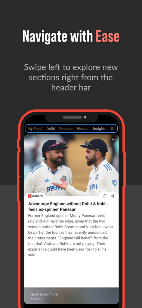 Inshorts app interface showing top navigation bar with news categories and a summarized cricket news article