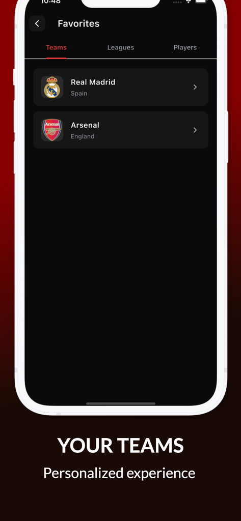 Sporium - Live Football Scores - Sporium app favorites screen showing followed football teams like Real Madrid and Arsenal