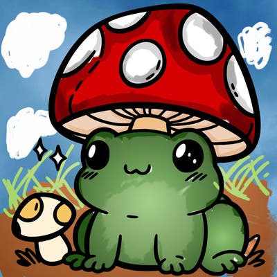 a cute frog with a mushroom hat
