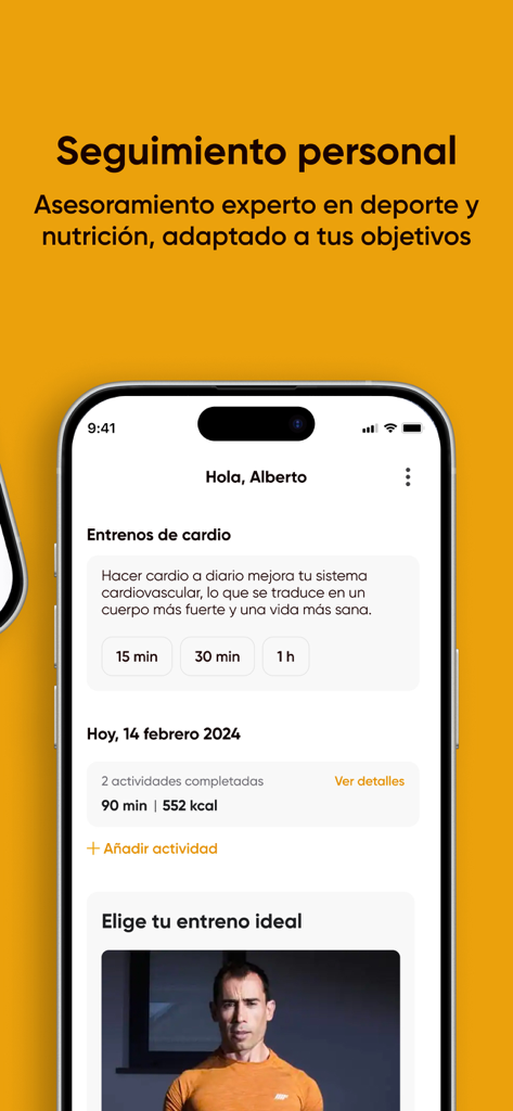 Spotieat - Interfaz de la aplicación móvil Spotieat que muestra planes de seguimiento y entrenamiento de fitness personalizados.
