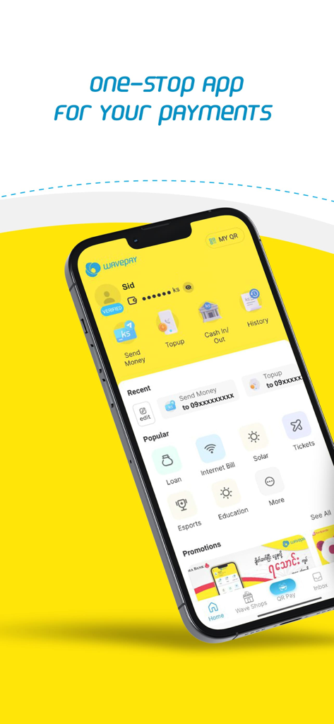 WavePay - WavePayモバイルアプリのインターフェース。デジタル決済サービスと請求書支払いオプションを表示しています。