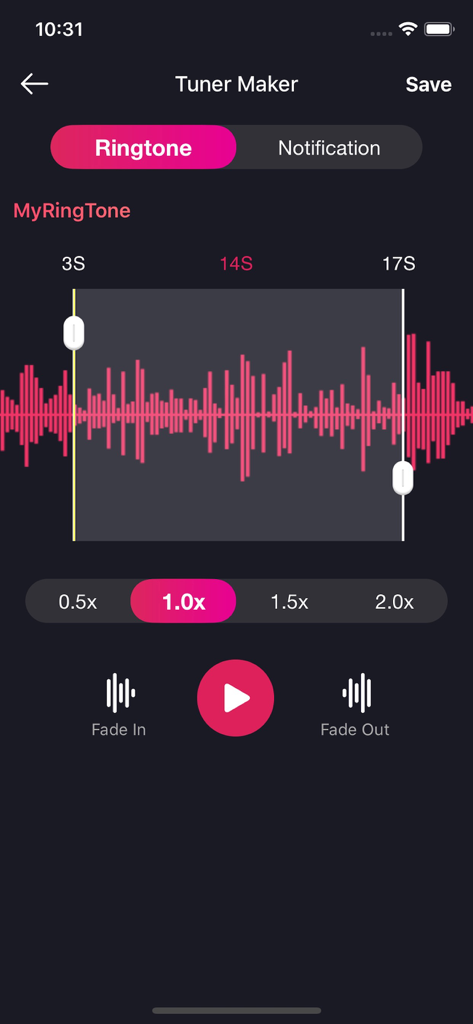 Ringtone Maker : MyRingtone - Una captura de pantalla de la aplicación Ringtone Maker que muestra la interfaz de recorte de audio con una visualización de forma de onda y controles de velocidad