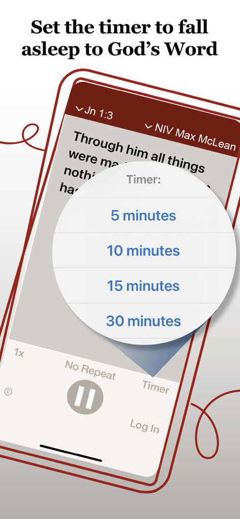 Bible Audio app interface showing the sleep timer feature with timing options