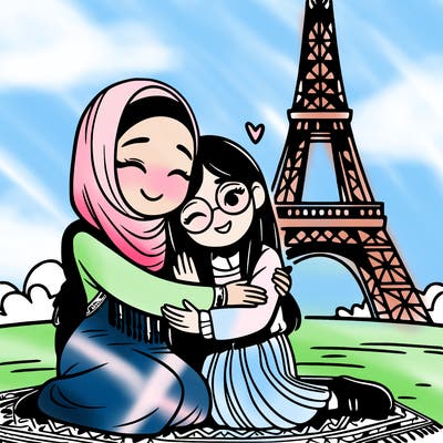 a girl hugging her best friend with the eiffel tower in the background