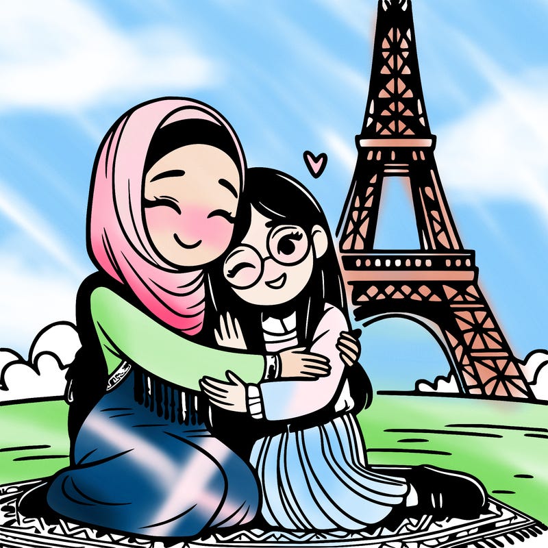 a girl hugging her best friend with the eiffel tower in the background