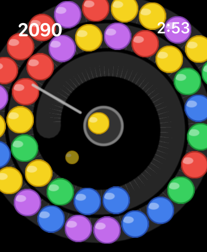 Crown Orbit - Jogabilidade do jogo de combinação de bolas Crown Orbit no Apple Watch com uma trilha espiral e bolas coloridas