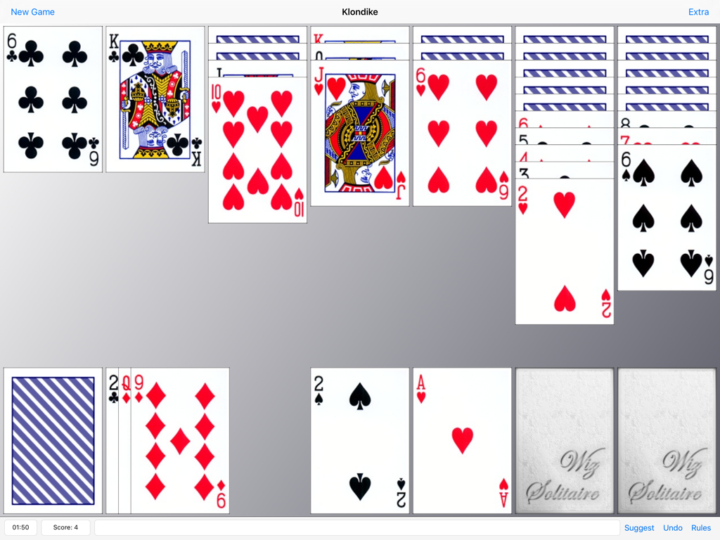 Wiz Solitaire - Un juego de solitario Klondike en progreso en la aplicación Wiz Solitaire para iPad