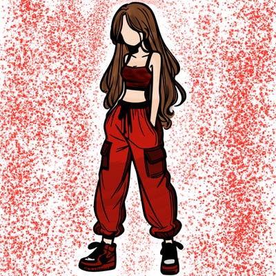 girl in baggy pants crop top and long hair