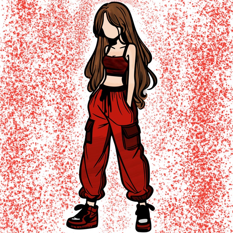 girl in baggy pants crop top and long hair