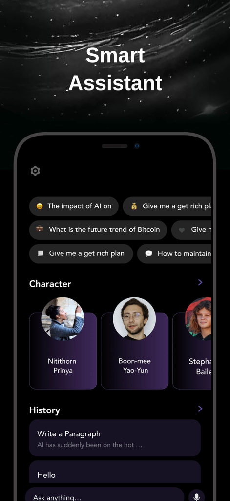 Interfaz de la aplicación asistente de chatbot G.AI 4.1 con personajes de IA y sugerencias de prompts en un tema oscuro.