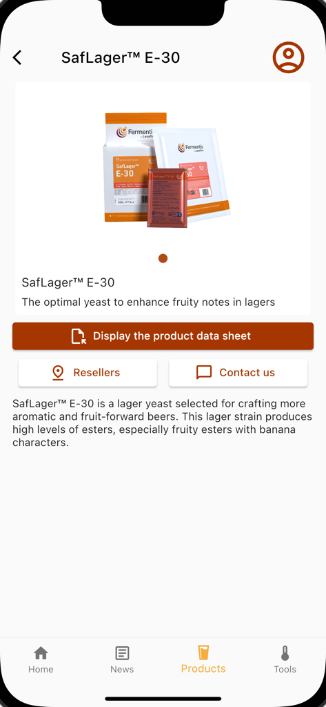 Fermentis - Page produit de la levure SafLager E-30 dans l'application Fermentis présentant une description technique et un lien vers la fiche technique