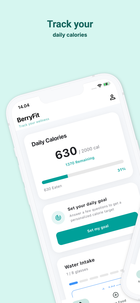 BerryFit - AI Food & Calories - BerryFit 앱 대시보드에 일일 칼로리 진행률 및 수분 섭취 추적 표시