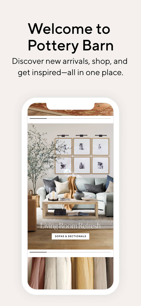Pottery Barn - Welcome screen of the Pottery Barn app showing a living room inspiration with a sofa and coffee table.