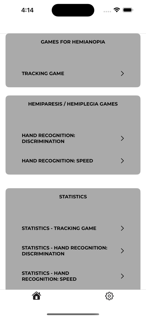 Nimble: Brain Rehabilitation - Menú principal de la aplicación Nimble Brain Rehabilitation mostrando opciones de juegos para hemianopia y hemiparesia y estadísticas de progreso.