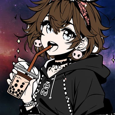 hot baddie anime girl drinking boba and biting the straw