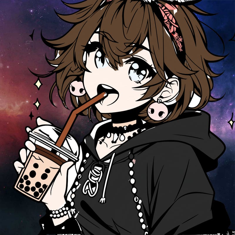 hot baddie anime girl drinking boba and biting the straw