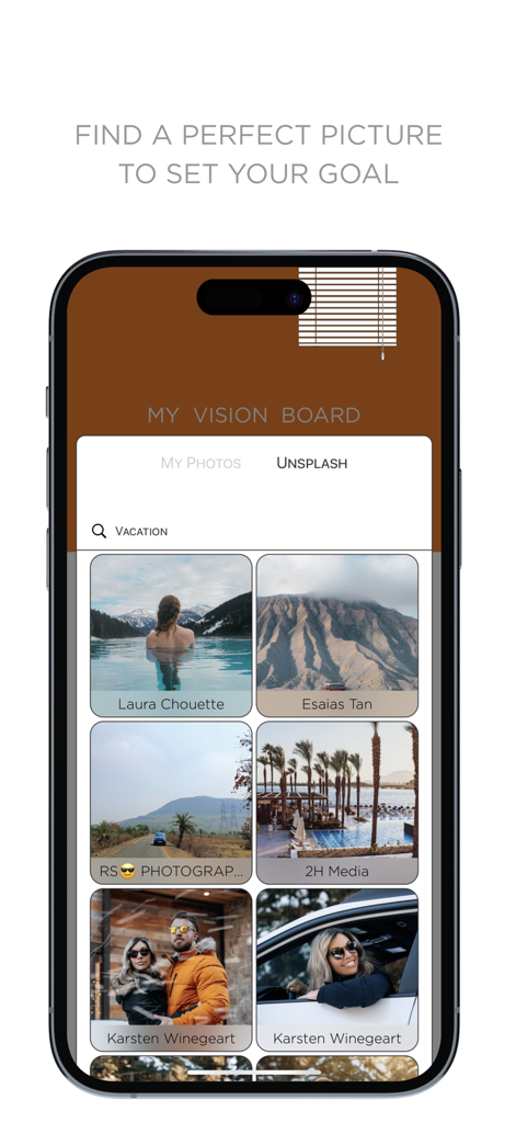 Vision Board 2025 - Vision Board 2025 app screen showing Unsplash image search for vacation and travel goals.